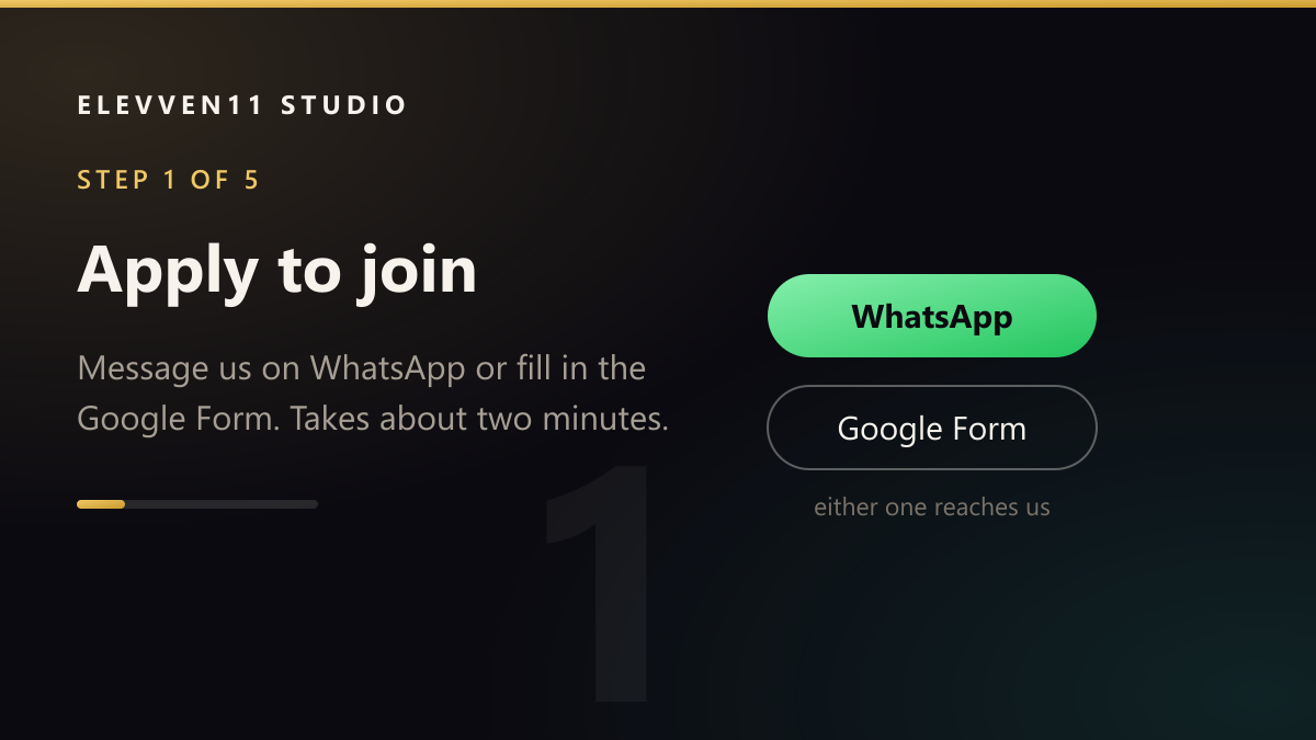 STEP 1 OF 5: Apply to join — Message us on WhatsApp or fill in the Google Form. Takes about two minutes.