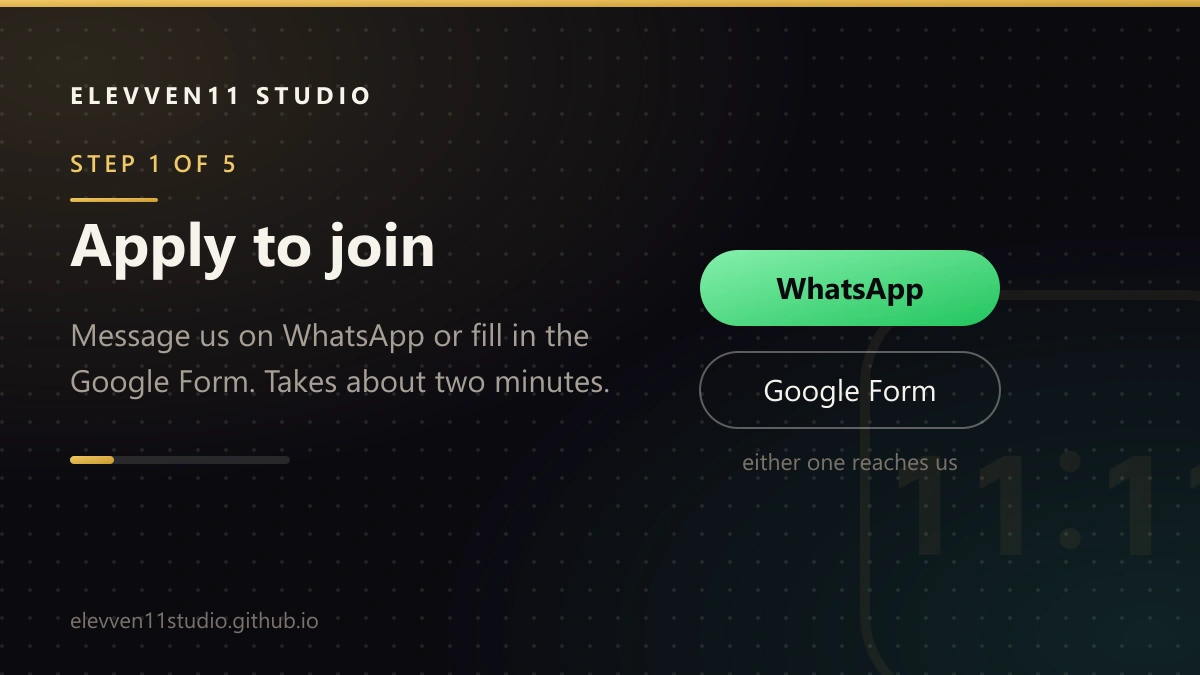 STEP 1 OF 5: Apply to join. Message us on WhatsApp or fill in the Google Form. Takes about two minutes.