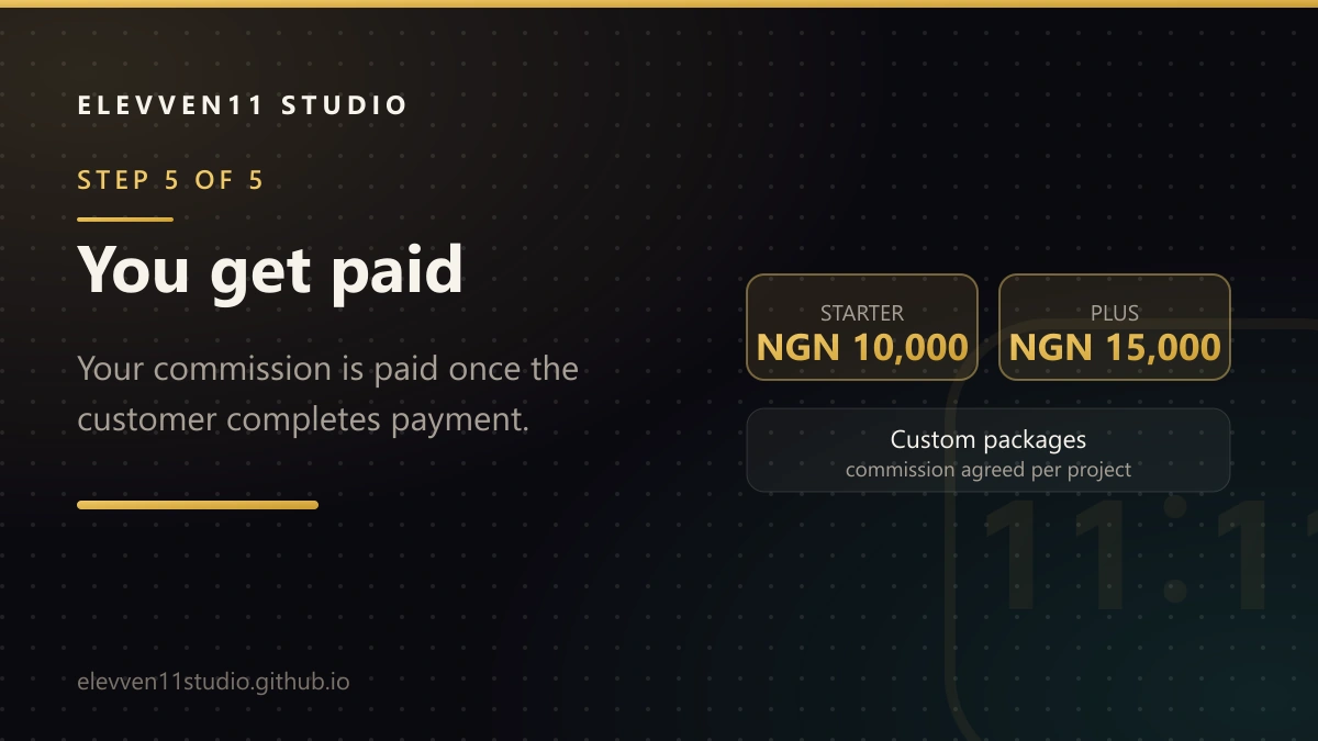 STEP 5 OF 5: You get paid. Your commission is paid once the customer completes payment.