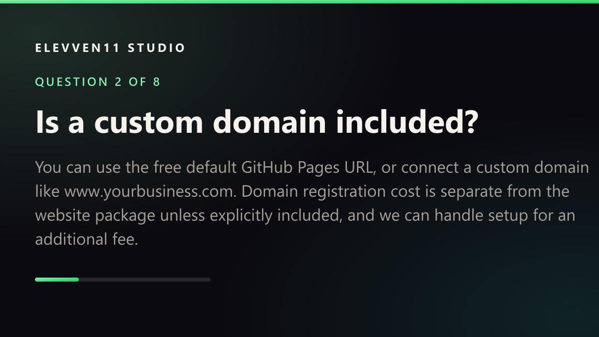 QUESTION 2 OF 8: Is a custom domain included? — You can use the free default GitHub Pages URL, or connect a custom domain like www.yourbusiness.com. Domain registration cost is separate from the website package unless explicitly included, and we can handle setup for an additional fee.