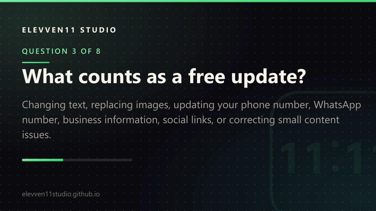 QUESTION 3 OF 8: What counts as a free update? Changing text, replacing images, updating your phone number, WhatsApp number, business information, social links, or correcting small content issues.