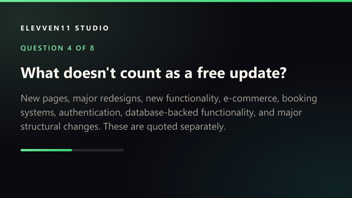 QUESTION 4 OF 8: What doesn't count as a free update? — New pages, major redesigns, new functionality, e-commerce, booking systems, authentication, database-backed functionality, and major structural changes. These are quoted separately.