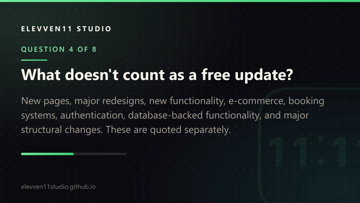 QUESTION 4 OF 8: What doesn't count as a free update? New pages, major redesigns, new functionality, e-commerce, booking systems, authentication, database-backed functionality, and major structural changes. These are quoted separately.