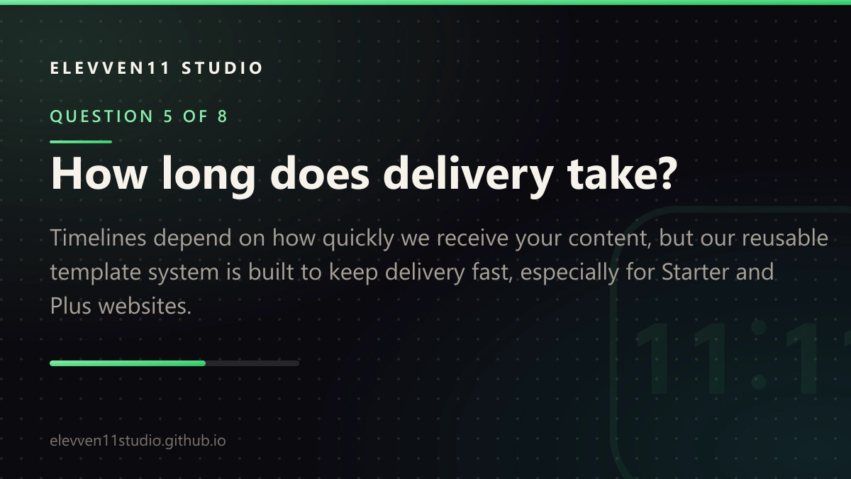 QUESTION 5 OF 8: How long does delivery take? Timelines depend on how quickly we receive your content, but our reusable template system is built to keep delivery fast, especially for Starter and Plus websites.