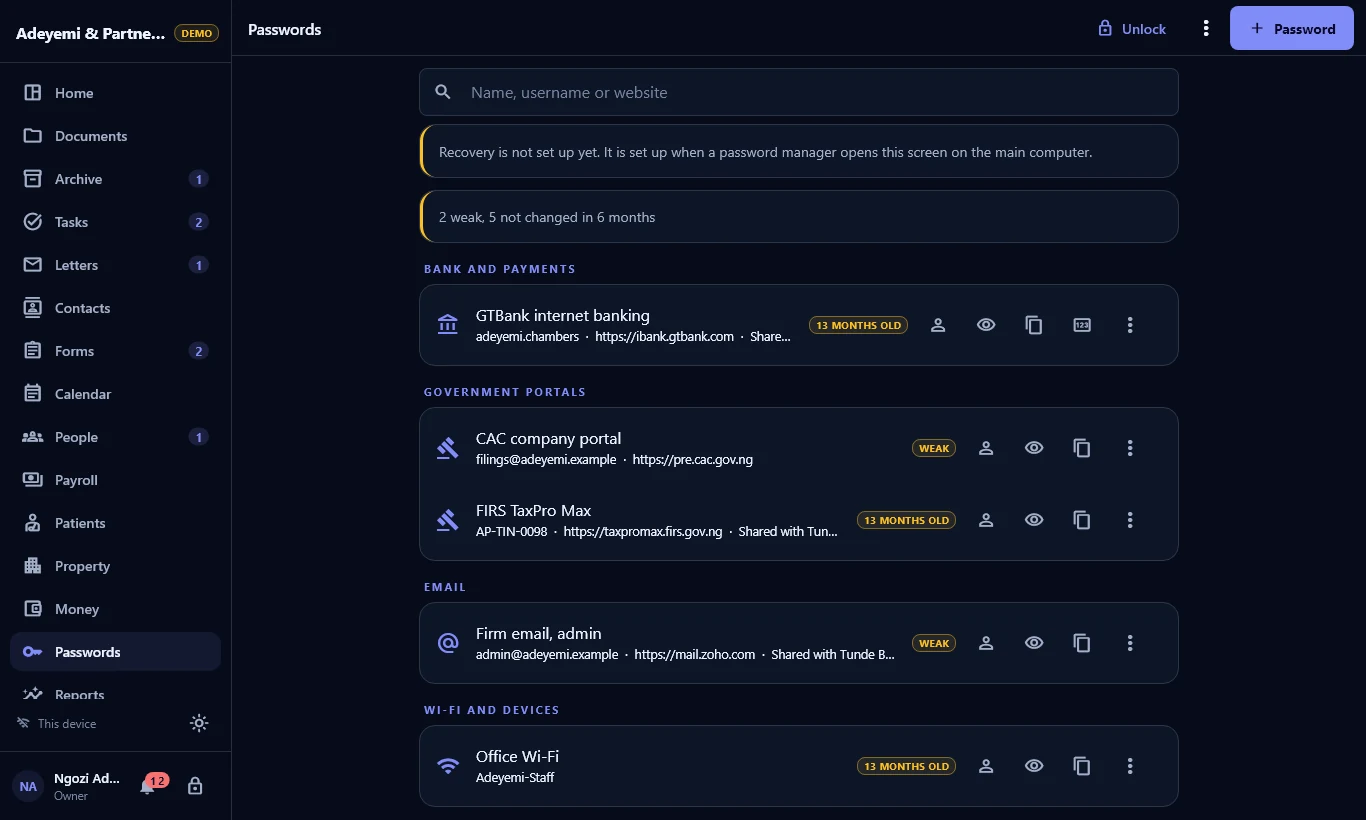 WorkNest shared company logins grouped by kind