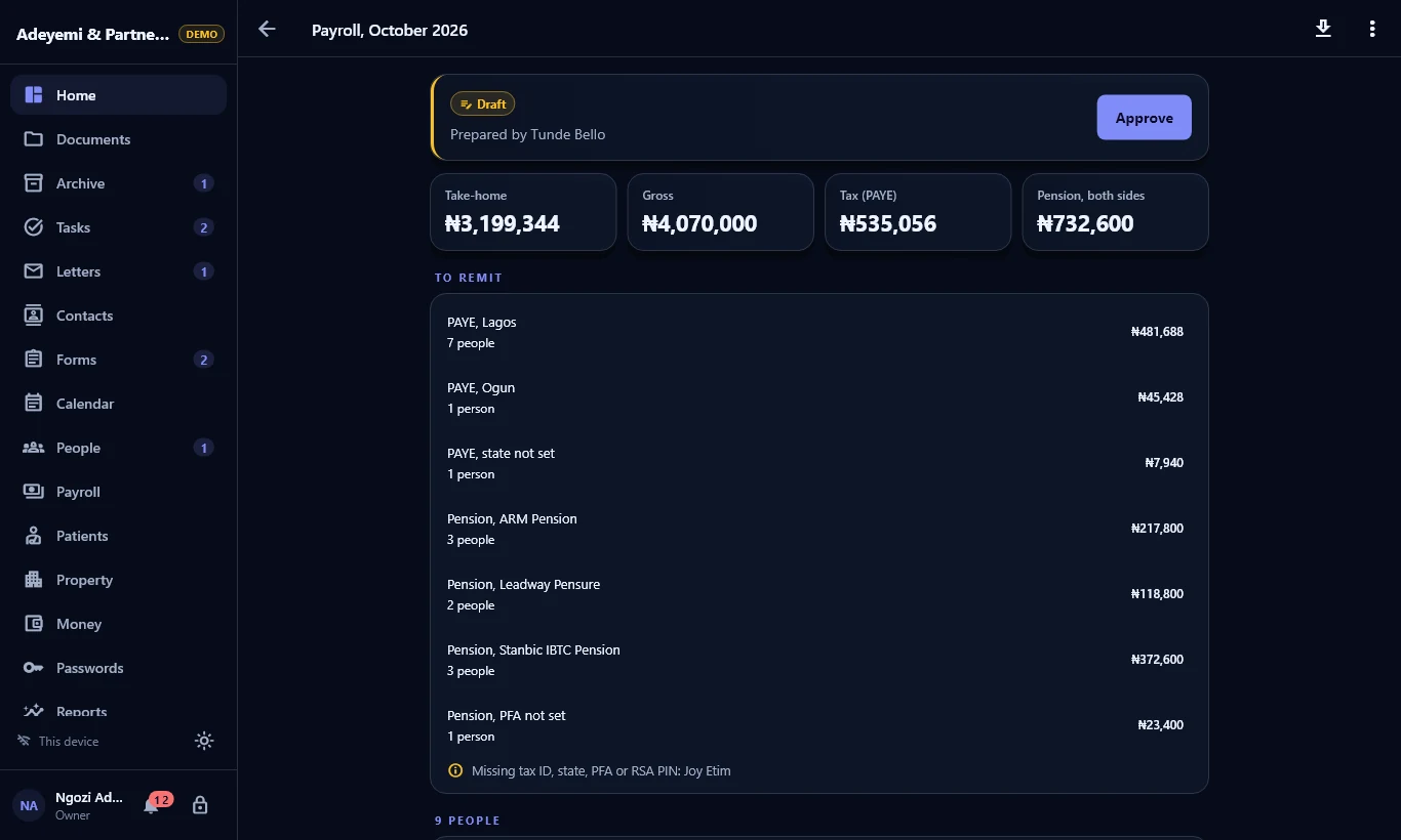 WorkNest monthly pay run with PAYE and pension