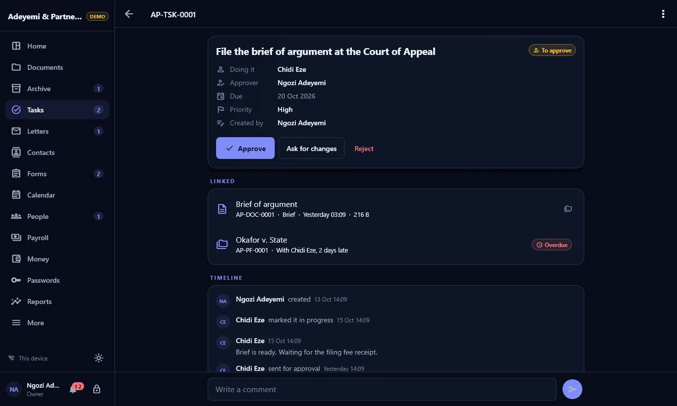 WorkNest task with an approval and its timeline